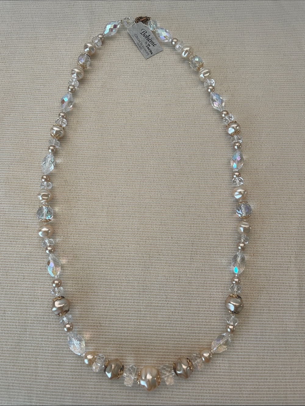 Vintage Iridescent Pearl and Crystal 26 Inch Necklace